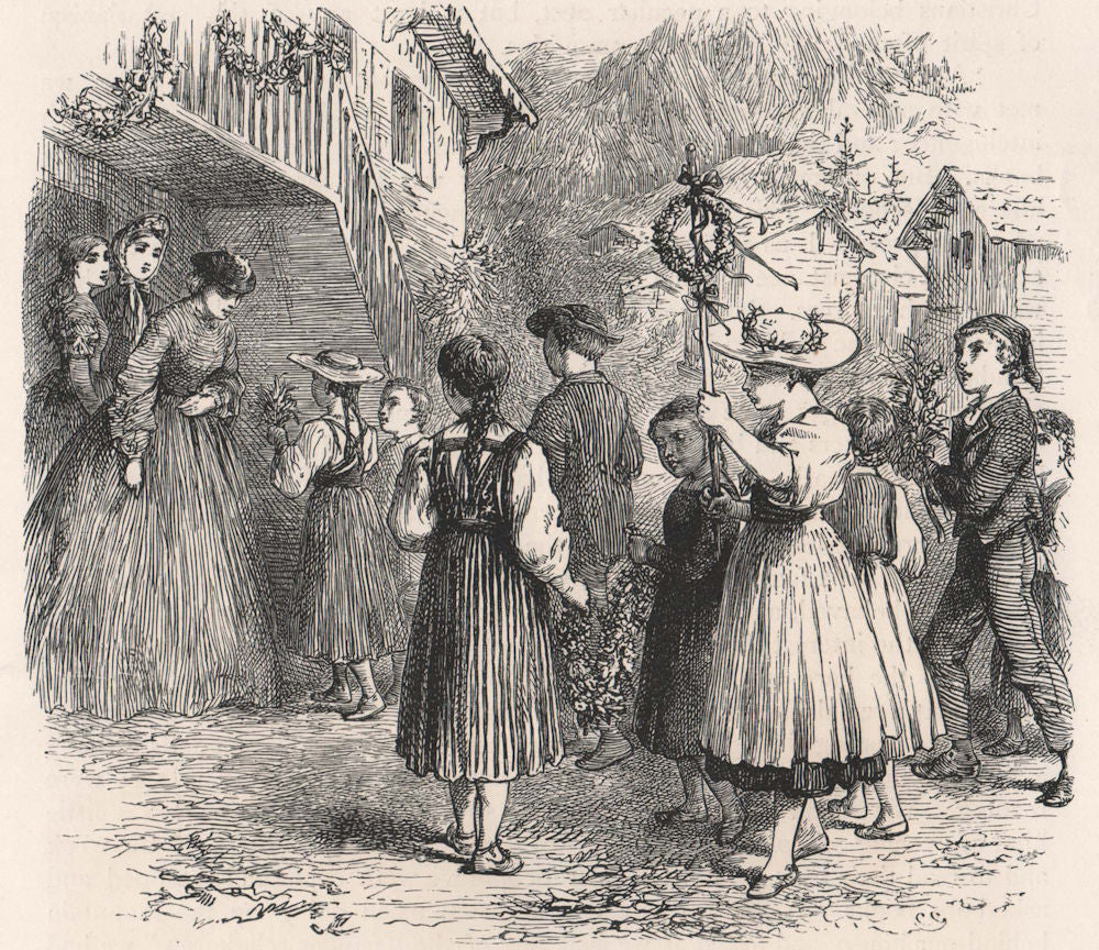 Mustering for the school treat, Switzerland 1891 old antique print picture